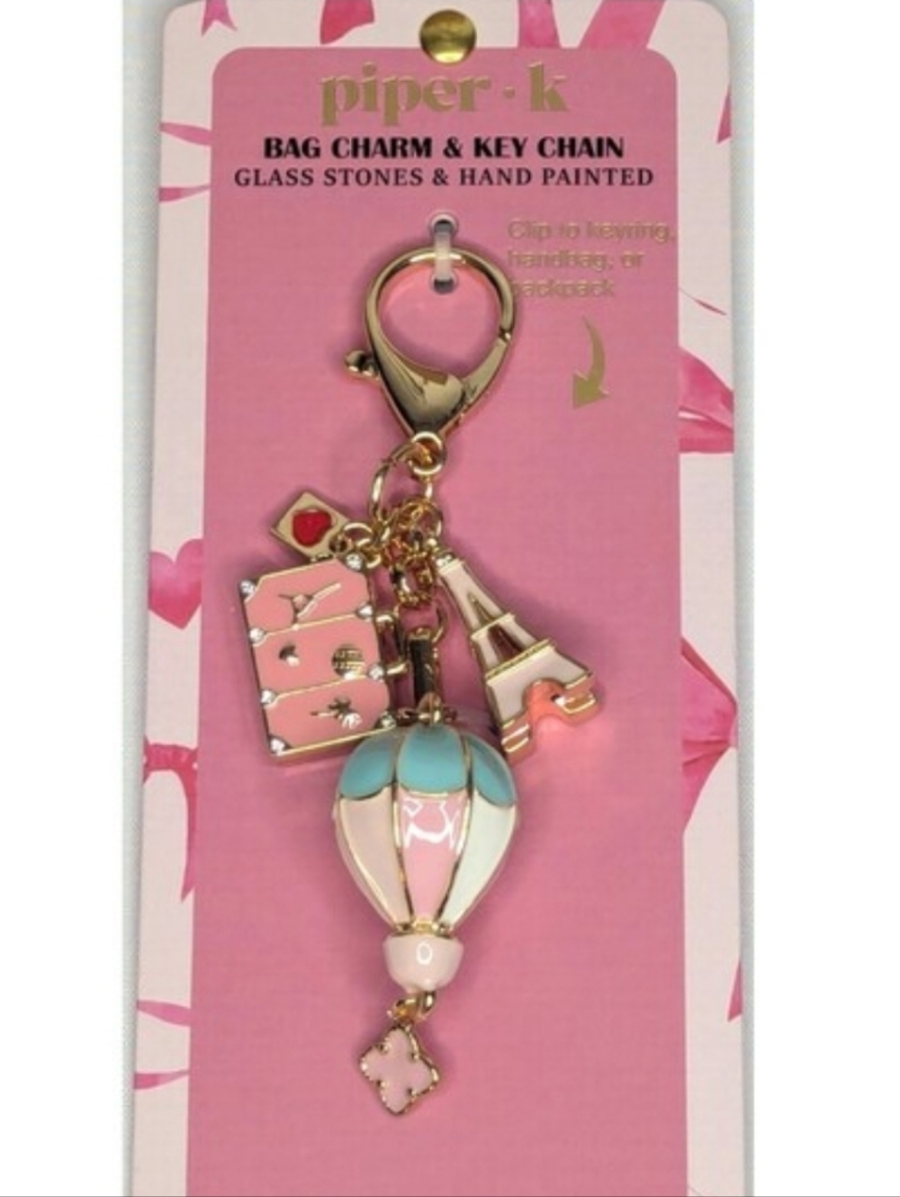 Piper K Eiffel Tower travel hot air balloon Bag Charm Key Chain fob